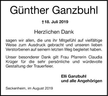 Traueranzeige von Günther Ganzbuhl von Mannheimer Morgen