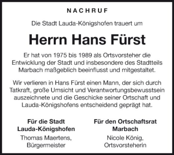 Traueranzeige von Hans Fürst von Fränkische Nachrichten