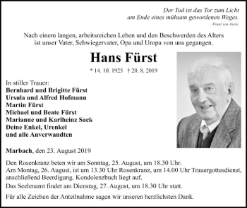 Traueranzeige von Hans Fürst von Fränkische Nachrichten