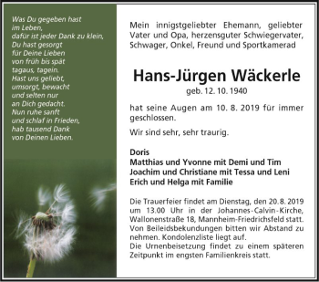 Traueranzeige von Hans-Jürgen Wäckerle von Mannheimer Morgen