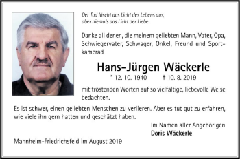 Traueranzeige von Hans-Jürgen Wäckerle von Mannheimer Morgen