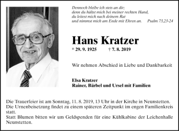 Traueranzeige von Hans Kratzer von Fränkische Nachrichten