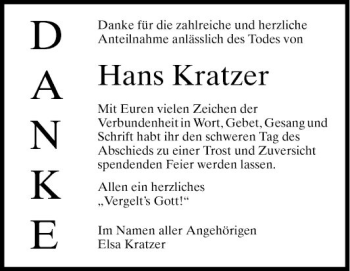 Traueranzeige von Hans Kratzer von Fränkische Nachrichten