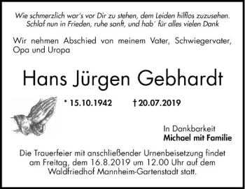 Traueranzeige von Hans Jürgen Gebhardt von Mannheimer Morgen