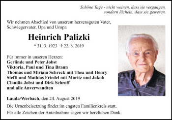 Traueranzeige von Heinrich Palizki von Fränkische Nachrichten