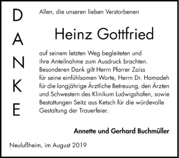 Traueranzeige von Heinz Gottfried von Schwetzinger Zeitung