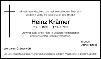 Traueranzeige von Heinz Krämer von Fränkische Nachrichten