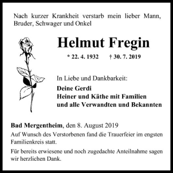 Traueranzeige von Helmut Fregin von Fränkische Nachrichten