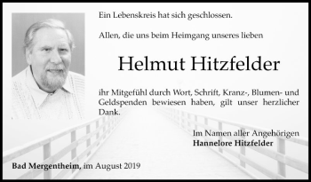 Traueranzeige von Helmut Hitzfelder von Fränkische Nachrichten