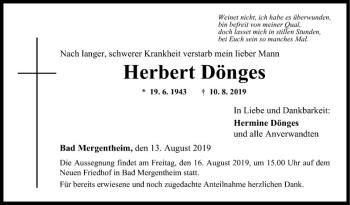 Traueranzeige von Herbert Dönges von Fränkische Nachrichten