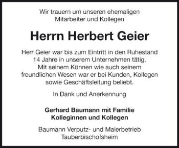 Traueranzeige von Herbert Geier von Fränkische Nachrichten