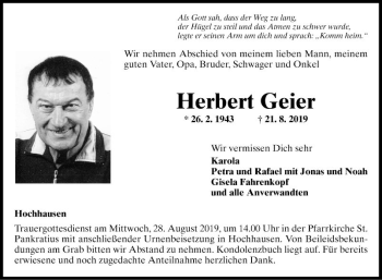 Traueranzeige von Herbert Geier von Fränkische Nachrichten