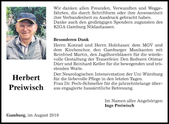 Traueranzeige von Herbert Preiwisch von Fränkische Nachrichten