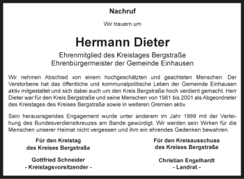 Traueranzeige von Hermann Dieter von Bergsträßer Anzeiger