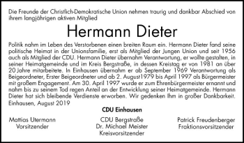 Traueranzeige von Hermann Dieter von Bergsträßer Anzeiger