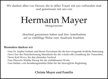 Traueranzeige von Hermann Mayer von Mannheimer Morgen