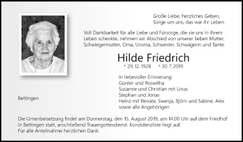 Traueranzeige von Hilde Friedrich von Fränkische Nachrichten