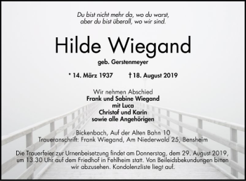 Traueranzeige von Hilde Wiegand von Bergsträßer Anzeiger