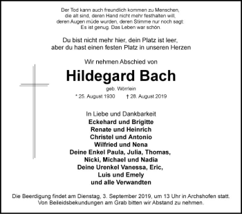 Traueranzeige von Hildegard Bach von Fränkische Nachrichten