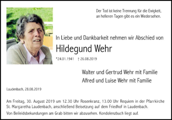 Traueranzeige von Hildegund Wehr von Fränkische Nachrichten