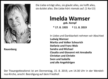 Traueranzeige von Imelda Wamser von Fränkische Nachrichten