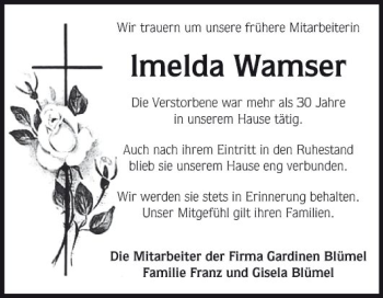 Traueranzeige von Imelda Wamser von Fränkische Nachrichten