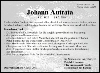 Traueranzeige von Johann Autrata von Fränkische Nachrichten