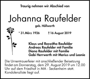 Traueranzeige von Johanna Raufelder von Mannheimer Morgen