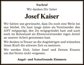 Traueranzeige von Josef Kaiser von Fränkische Nachrichten