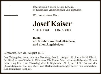 Traueranzeige von Josef Kaiser von Fränkische Nachrichten