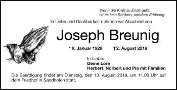 Traueranzeige von Joseph Breunig von Mannheimer Morgen