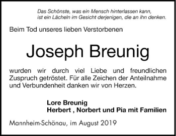 Traueranzeige von Joseph Breunig von Mannheimer Morgen