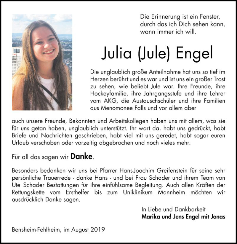  Traueranzeige für Julia  Engel vom 10.08.2019 aus Bergsträßer Anzeiger