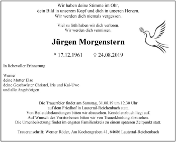 Traueranzeige von Jürgen Morgenstern von Bergsträßer Anzeiger