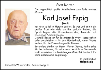 Traueranzeige von Karl Josef Espig von Bergsträßer Anzeiger