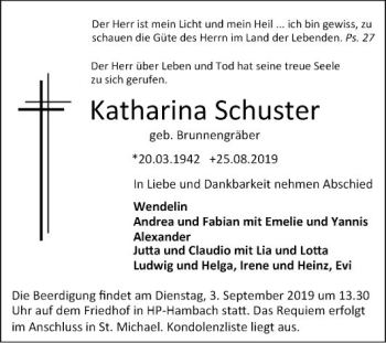 Traueranzeige von Katharina Schuster von Bergsträßer Anzeiger