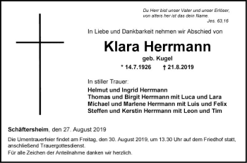 Traueranzeige von Klara Herrmann von Fränkische Nachrichten