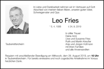 Traueranzeige von Leo Fries von Fränkische Nachrichten