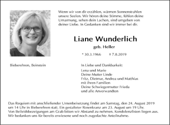 Traueranzeige von Liane Wunderlich von Fränkische Nachrichten