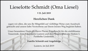 Traueranzeige von Lieselotte Schmidt von Bergsträßer Anzeiger