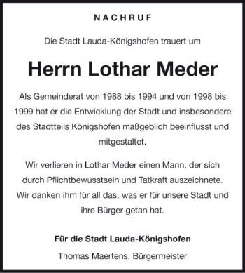Traueranzeige von Lothar Meder von Fränkische Nachrichten