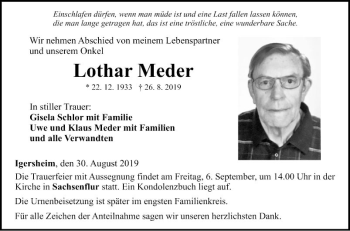 Traueranzeige von Lothar Meder von Fränkische Nachrichten