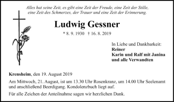 Traueranzeige von Ludwig Gessner von Fränkische Nachrichten