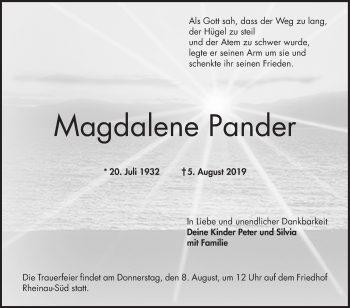 Traueranzeige von Magdalene Pander von Mannheimer Morgen