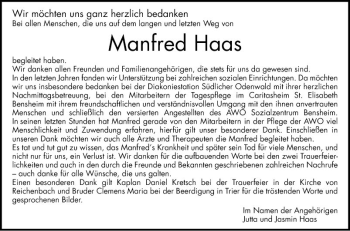 Traueranzeige von Manfred Haas von Bergsträßer Anzeiger