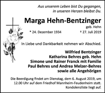 Traueranzeige von Marga Hehn-Bentzinger von Bergsträßer Anzeiger