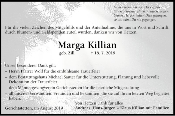 Traueranzeige von Marga Killian von Fränkische Nachrichten