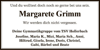 Traueranzeige von Margarete Grimm von Fränkische Nachrichten