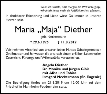 Traueranzeige von Maria Diether von Mannheimer Morgen