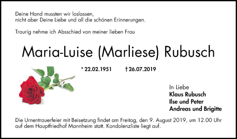  Traueranzeige für Maria-Luise  Rubusch vom 03.08.2019 aus Mannheimer Morgen